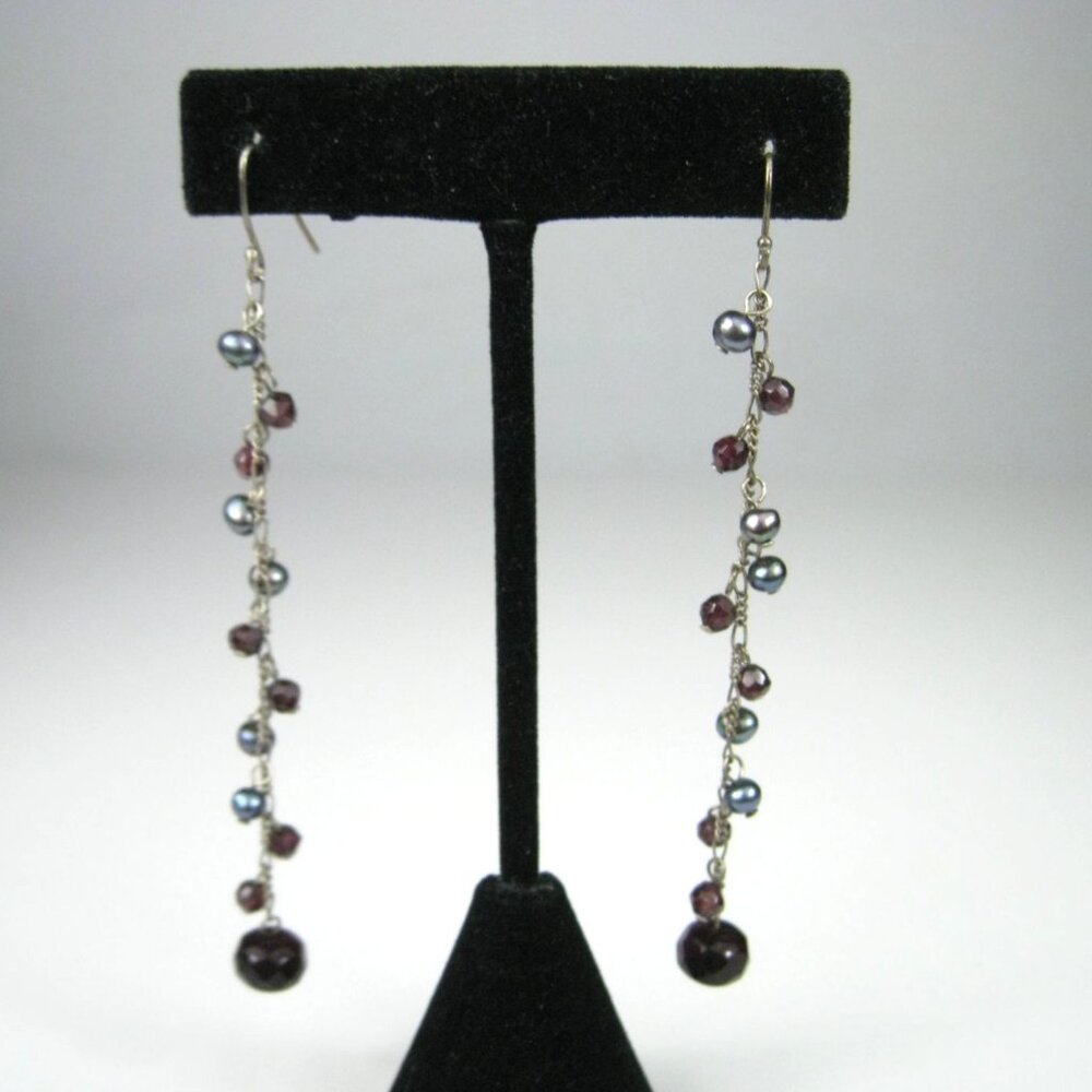 Long Dangling Earrings Garnet Faceted Stone Beads Pearls Silver Chain Dangle